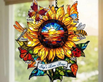 Personalized Grandma's Love Bugs Acrylic Suncatcher, Custom Floral Suncatcher Acrylic Nana Gift, Mother's Day Gift for Mom, Grandma, Wife