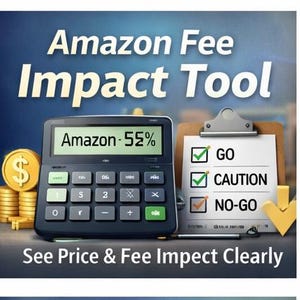 May include: An image promoting an Amazon Fee Impact Tool. A calculator displays "Amazon - 55%" with a stack of gold coins and a checklist with "GO", "CAUTION", and "NO-GO". The text reads "See Price & Fee Impact Clearly".