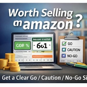 May include: A laptop shows a webpage with a green "COP %" box and a "-601-" box. A clipboard with "GO", "CAUTION", and "NO-GO" check boxes is next to it. Gold coins are stacked in the foreground. Text reads "Worth Selling? mamazon".