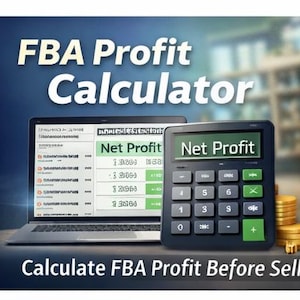 Könnte beinhalten: Ein Laptop und ein Taschenrechner mit dem Text "FBA Profit Calculator" und "Calculate FBA Profit Before Selling" sind abgebildet. Der Taschenrechner zeigt "Net Profit". Goldmünzen sind im Hintergrund zu sehen.