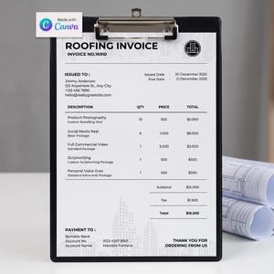 Può includere: Una cartellina nera con una fattura bianca Roofing Invoice con testo nero. La fattura elenca servizi come Product Photography, Social Media Reel e Full Commercial Video con quantità, prezzi e un totale di 16.500 $.
