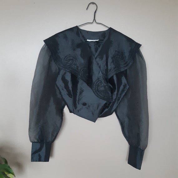 Black Wide Collared Shirt Blouse Jacket 80s Puff S