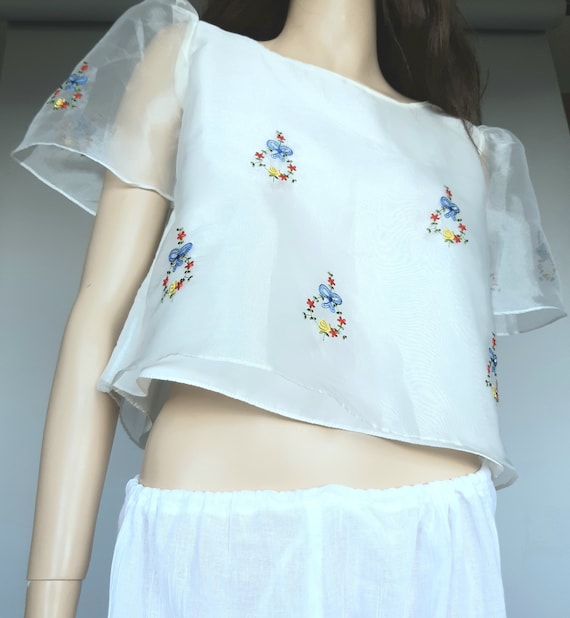 Vintage Blouse Embroidered Off White Organza Size