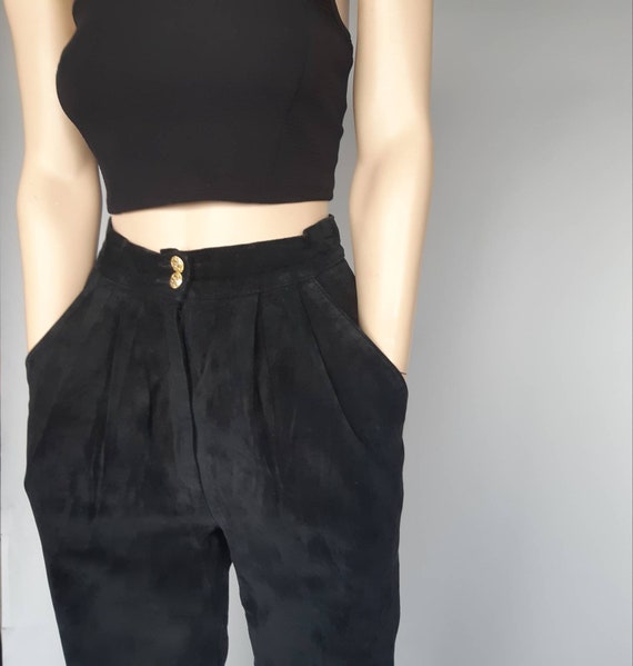 Pleated baggy pants suede high rise black trousers
