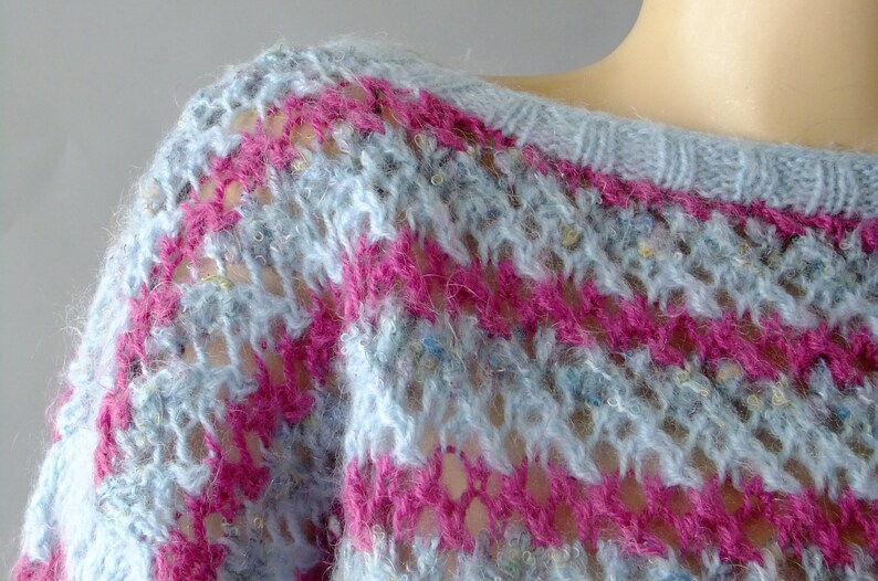 70s striped oversized sweater hand knit puff sleeve