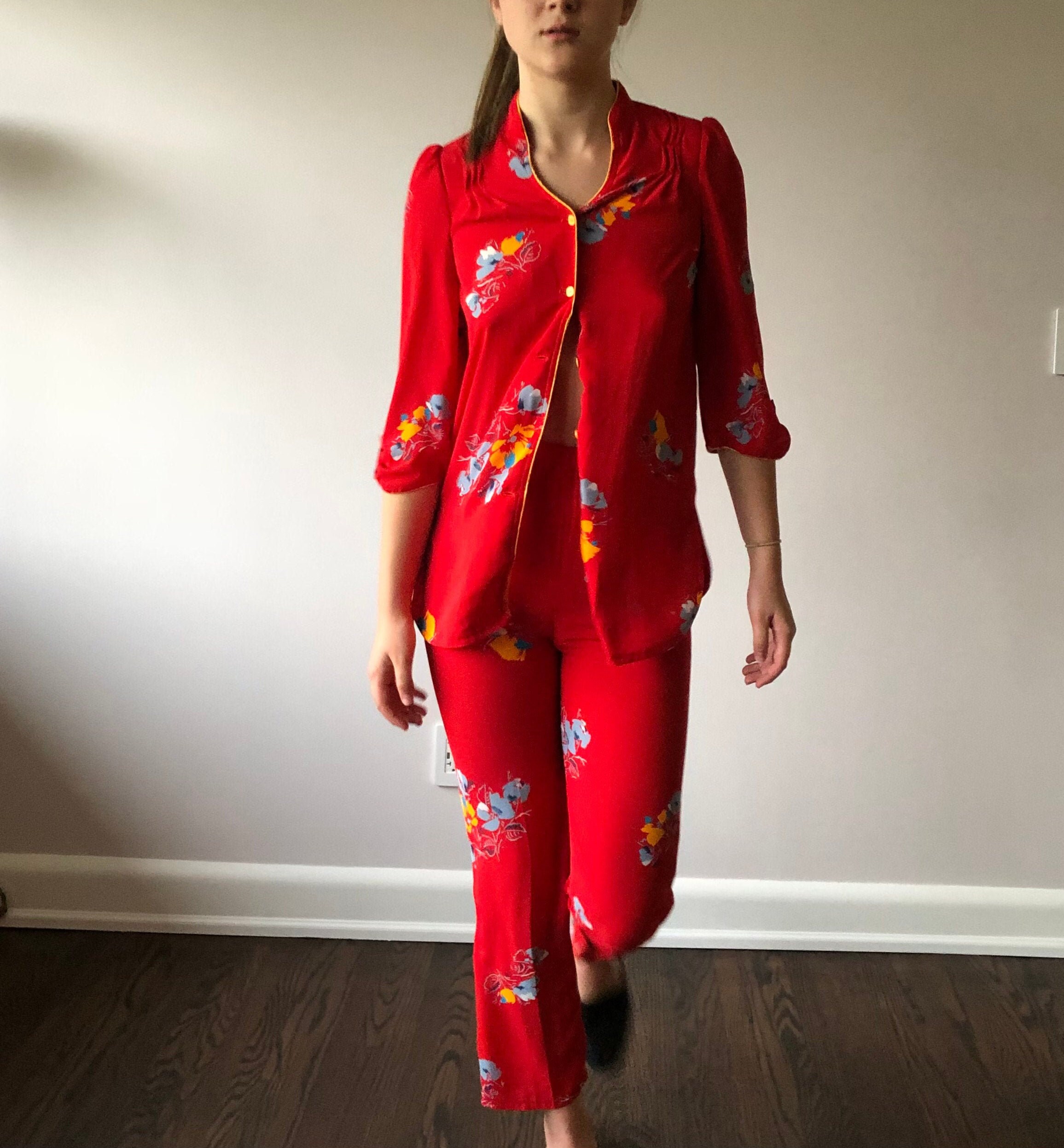 Cheap Women Pijamas Floral Casual Elegant 2 Pieces Set Loose Shirts Tops  Wide Leg Pant Suit Female Fashion Vintage Sexy Sleepwear New