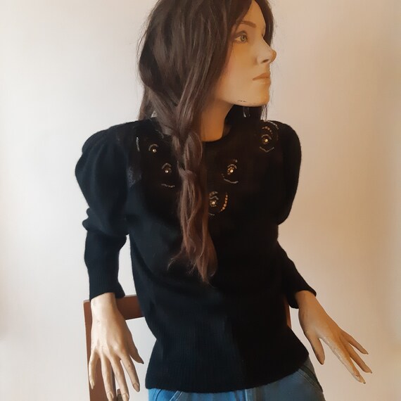 Black wool sweater lace beaded puff sleeve