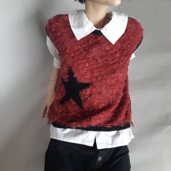 Sweater Vest Burgundy 70s Star Knit Sweater Overs