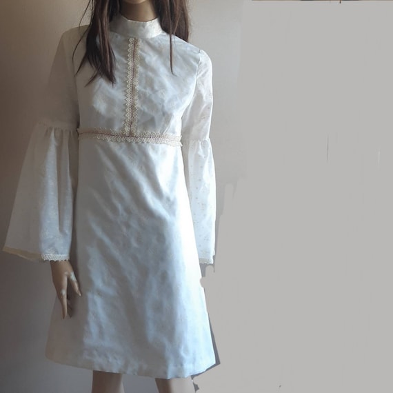 70s white dress bell sleeves high neck dress
