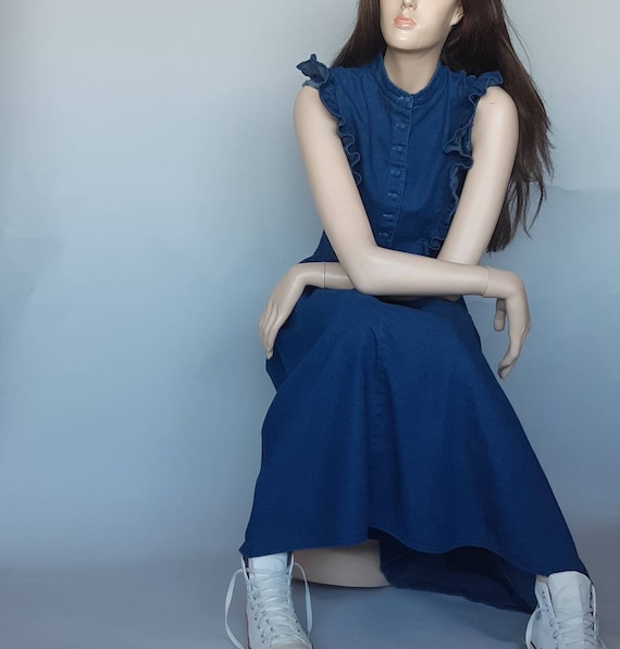 Denim prairie dress ruffles long jean dress sleeve