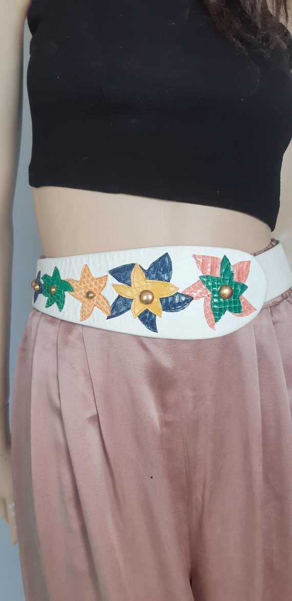 Vintage Leather Belt White Wide Belt Size 30