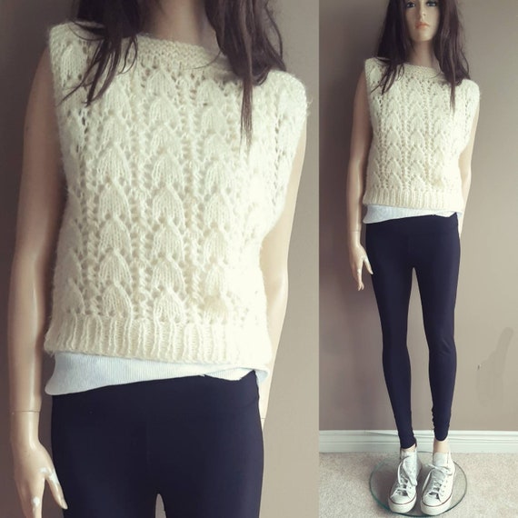 70s fuzzy sweater vest hand knit pyllover size sma