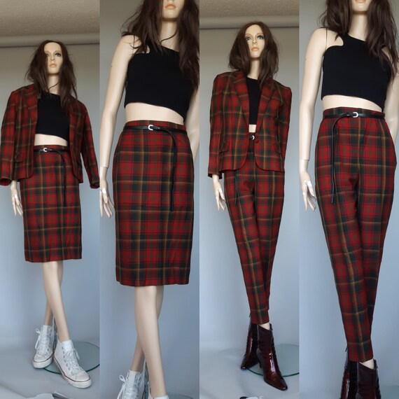 Plaid Suit Womens 60s Mod Blazer Pant Skirt Set