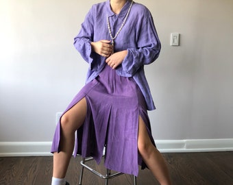 80s open pleated skirt purple midi high slit