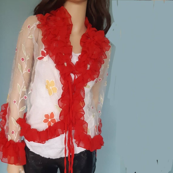 Red ruffle floral blouse sheer 70s top