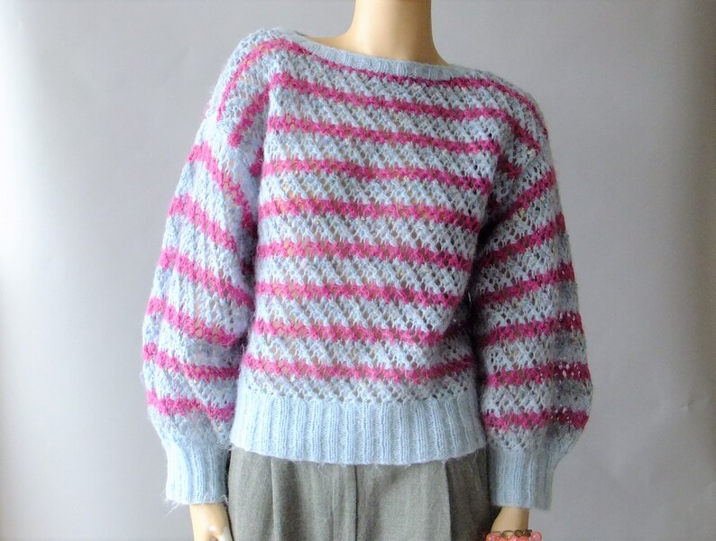 70s striped oversized sweater hand knit puff sleeve