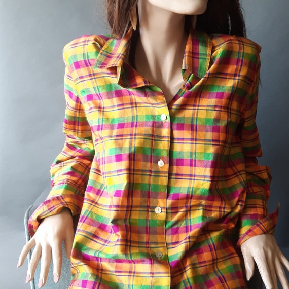 Women's Silk Blouse Oversized Plaid Shirt