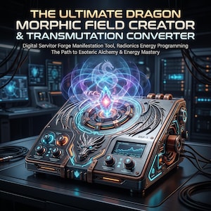 May include: A metallic device labelled DSF-1 featuring a dragon emblem, glowing blue light rings, and a central crystal emitting energy waves. The text reads: THE ULTIMATE DRAGON MORPHIC FIELD CREATOR & TRANSMUTATION CONVERTER, Digital Servitor Forge Manifestation Tool, Radionics Energy Programming, The Path to Esoteric Alchemy & Energy Mastery.