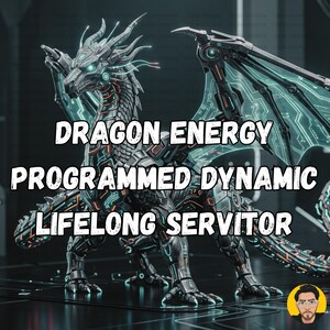 May include: A mechanical dragon figure with metallic gray scales, glowing teal circuit patterns, and large wings. The text DRAGON ENERGY PROGRAMMED DYNAMIC LIFELONG SERVITOR is overlaid in white capital letters across the center of the image.