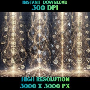 Op de afbeelding: Digitale kunstafdruk met een donkere achtergrond en gloeiende gouden lijnen en symbolen. De afbeelding bevat de tekst "INSTANT DOWNLOAD 300 DPI" en "HIGH RESOLUTION 3000 X 3000 PX". Verschillende symbolen zijn verspreid over het ontwerp.