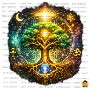 May include: Digital art print featuring a stylized tree with a glowing orb at its center, surrounded by celestial elements. The artwork includes a crescent moon, a star, ankh, and Om symbols, all set against a cosmic background. The text "CEEN CHOKXX" is repeated around the image.