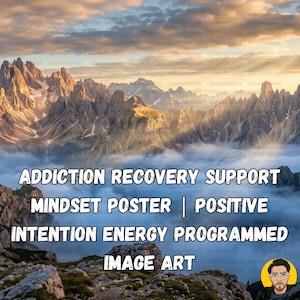 May include: A rectangular poster featuring a mountain landscape with rocky peaks above a layer of clouds at sunset. The text reads: ADDICTION RECOVERY SUPPORT MINDSET POSTER | POSITIVE INTENTION ENERGY PROGRAMMED IMAGE ART. A small circular portrait is in the corner.