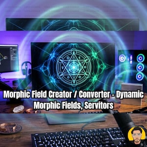 May include: A computer monitor displaying a glowing green geometric star pattern with concentric circles. The screen shows the text Morphic Field Creator / Converter - Dynamic Morphic Fields, Servitors. A keyboard and a small crystal are visible.