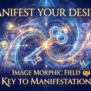 Op de afbeelding: Digitaal kunstwerk in blauwe en gouden tinten, met een gloeiende sleutel in het midden, omringd door wervelende lichtpatronen en symbolen. De tekst bovenaan luidt "MANIFEST YOUR DESI", en onderaan "IMAGE MORPHIC FIELD KEY TO MANIFESTATION".