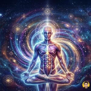 Op de afbeelding: Digitale kunst die een mediterende figuur met een anatomische weergave afbeeldt, omringd door wervelende melkwegstelsels en geometrische vormen. De figuur bevindt zich in de lotushouding, met een gloeiende aura en gedetailleerde spierstructuur. Het kleurenpalet omvat blauw, paars en goud.