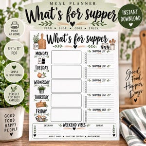 Puede incluir: Una hoja de planificación de comidas blanca titulada What's for supper con secciones de lunes a viernes, cada una con pequeñas ilustraciones como una tabla de cortar, sal, cebolla, hierbas y huevos, además de una columna de lista de compras y fin de semana.