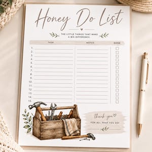 May include: A Honey Do List notepad with a watercolor illustration of a wooden toolbox filled with tools. The notepad has sections for tasks, notes, and checkboxes, with the text "Honey Do List" at the top.