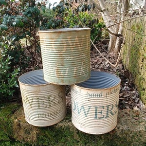 Può includere: Tre fioriere in metallo impilate, dall'aspetto invecchiato. Le fioriere cilindriche hanno i lati a coste e presentano la parola "FLOWERS" in un carattere verde sbiadito. Una fioriera riporta la scritta "PEONIES" sotto la parola "FLOWERS".