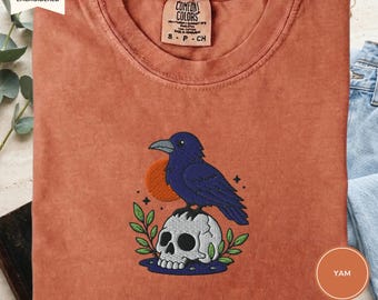 Shirt Witchy Crow Skull geborduurd, T-shirt kraai en schedel, T-shirt comfortkleuren 1717, shirt Gothic Witch