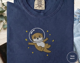 Geborduurd shirt met ruimtezeeotter, T-shirt met kosmisch dier, cadeau oceaanliefhebber, cadeau astronomie