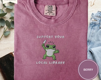 Steun je lokale bibliotheekshirt geborduurd, leeskikker T-shirt, comfortkleuren 1717 T-shirt, boekenliefhebber cadeau