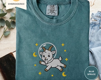 Goat Shirt Embroidered, Funny Space Goat Tee, Astronaut Goat Cosmic Gift
