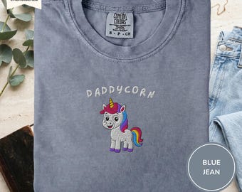 Shirt Daddycorn geborduurd, grappig T-shirt eenhoorn papa, Comfort Colors T-shirt 1717, Vaderdag eenhoorncadeau