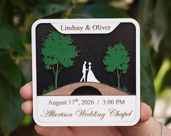 Magnete Save the Date in legno 3D, invito di nozze personalizzato a tema foresta, magneti in legno multistrato con buste, bomboniera rustica a tema bosco