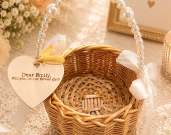 Personalized Flower Girl Basket with Name Tag & Pearl Handle, Flower Girl Proposal Basket, Will You Be My Flower Girl Gift