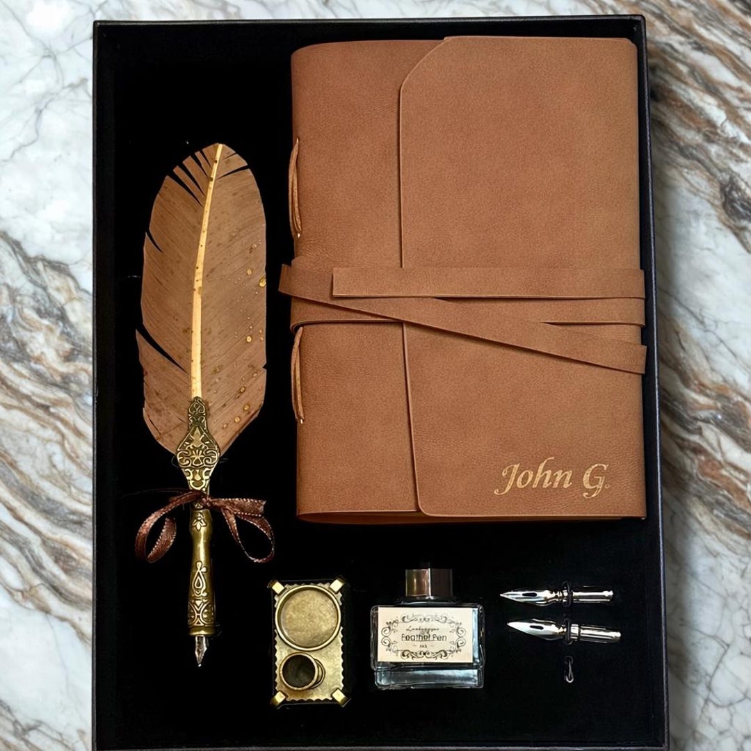 Custom Engraved Leather Journal Set With Pen, Personalized Notebook for