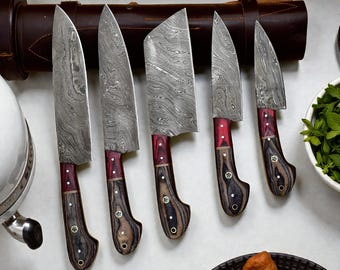 Set di coltelli da chef in acciaio di Damasco forgiati a mano, 5 coltelli da cucina di lusso