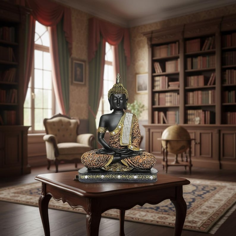 K&ouml;nnte beinhalten: Eine schwarze und goldene Buddha-Statue in sitzender Meditationshaltung. Die Statue hat aufwendige Details auf dem Gewand und dem Kopfschmuck. Sie steht auf einem schwarzen Sockel mit dekorativen Lichtern, platziert auf einem dunklen Holztisch.