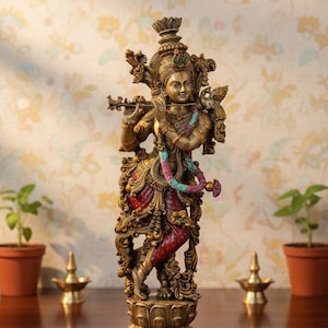 Statua di Krishna in resina fatta a mano con flauto / Decorazione per la casa del dio indù