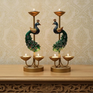 Handmade Metal Peacock Candle Stand Pair | Indian Tealight Holder