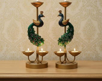 Handgemachter Kerzenständer aus Metall, Pfau, Paar | Indischer Teelichte Halter