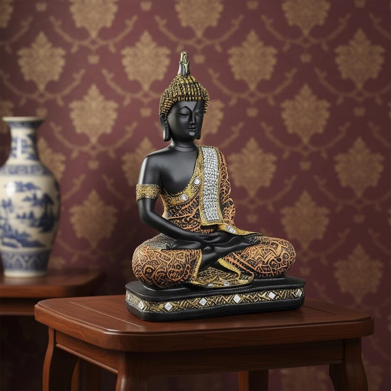 K&ouml;nnte beinhalten: Eine schwarze Buddha-Statue in sitzender Meditationshaltung. Die Statue hat goldene Akzente an Kopf, Armen und Gewand. Das Gewand hat ein detailliertes Muster. Die Statue steht auf einem schwarzen Sockel mit goldenen Verzierungen. Im Hintergrund ist eine Vase zu sehen.