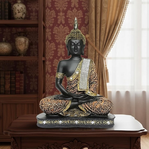 Polyresin Buddha Meditation Statue | Black Gold Orange Buddha Idol | Spiritual Home Decor & Gift