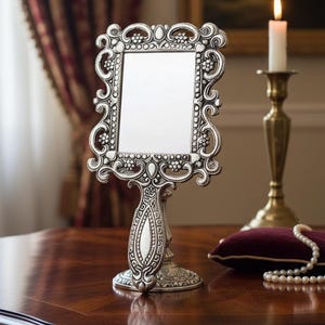 German Silver Ornate Mirror Stand | Handcrafted Tabletop Vanity Mirror