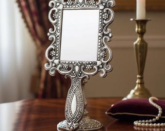 German Silver Ornate Mirror Stand | Handcrafted Tabletop Vanity Mirror