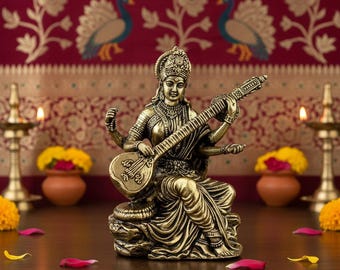 Goddess Saraswati Idol with Veena, Indian Brass Finish Sculpture, Puja Room Decor